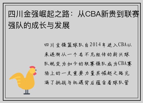 四川金强崛起之路：从CBA新贵到联赛强队的成长与发展